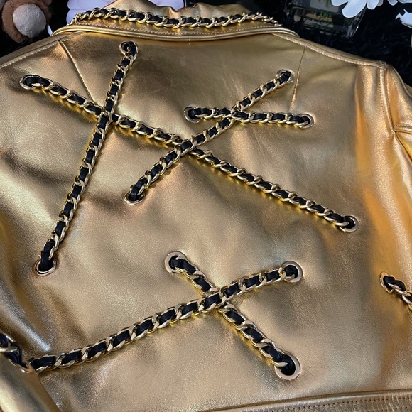 Moschino x Limited Edition Gold Genuine Leather Jacket with Chains - Picture 9 of 10
